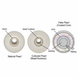 An educational infographic comparing the internal structures of natural, cultured, and imitation pearls