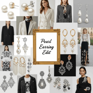 A collage displaying various pearl earring styles matched with corresponding fashion looks to help buyers define their personal style.