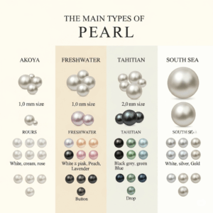 An educational infographic comparing the key characteristics of Akoya, Freshwater, Tahitian, and South Sea pearls.
