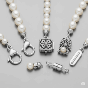 A collage showcasing various pearl necklace clasp types, including a lobster clasp, a box clasp, and a magnetic clasp, against a soft, elegant background.