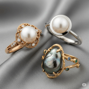Three custom pearl engagement rings showing vintage, minimalist, and bohemian styles.