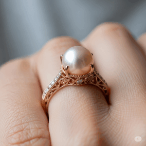 writing image alt text "A close-up of a custom Akoya pearl engagement ring in a detailed rose gold setting