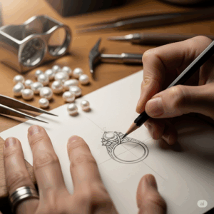 A jeweler sketching a bespoke pearl engagement ring design, surrounded by crafting tools and loose pearls.