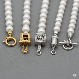A detailed macro shot of a gold lobster claw clasp securely fastened to the end of a lustrous pearl necklace.