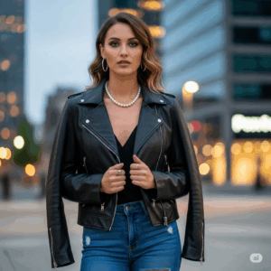 Home 20 quality image generate keyword 22A stylish woman in a modern outfit like a leather jacket and jeans wearing a classic vintage pearl necklace